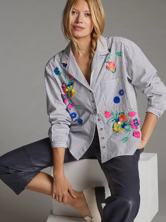 Anthropologie Tops - Anthropologie Maeve Floral Sequin Top with Pink TrimBoho Chic Trendy Style Size